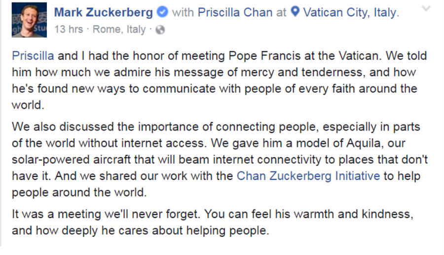 Mark Zuckerberg posted a message on his meeting with Pope Francis. 