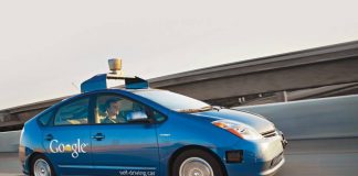 Blue Google autonomous car on the highway